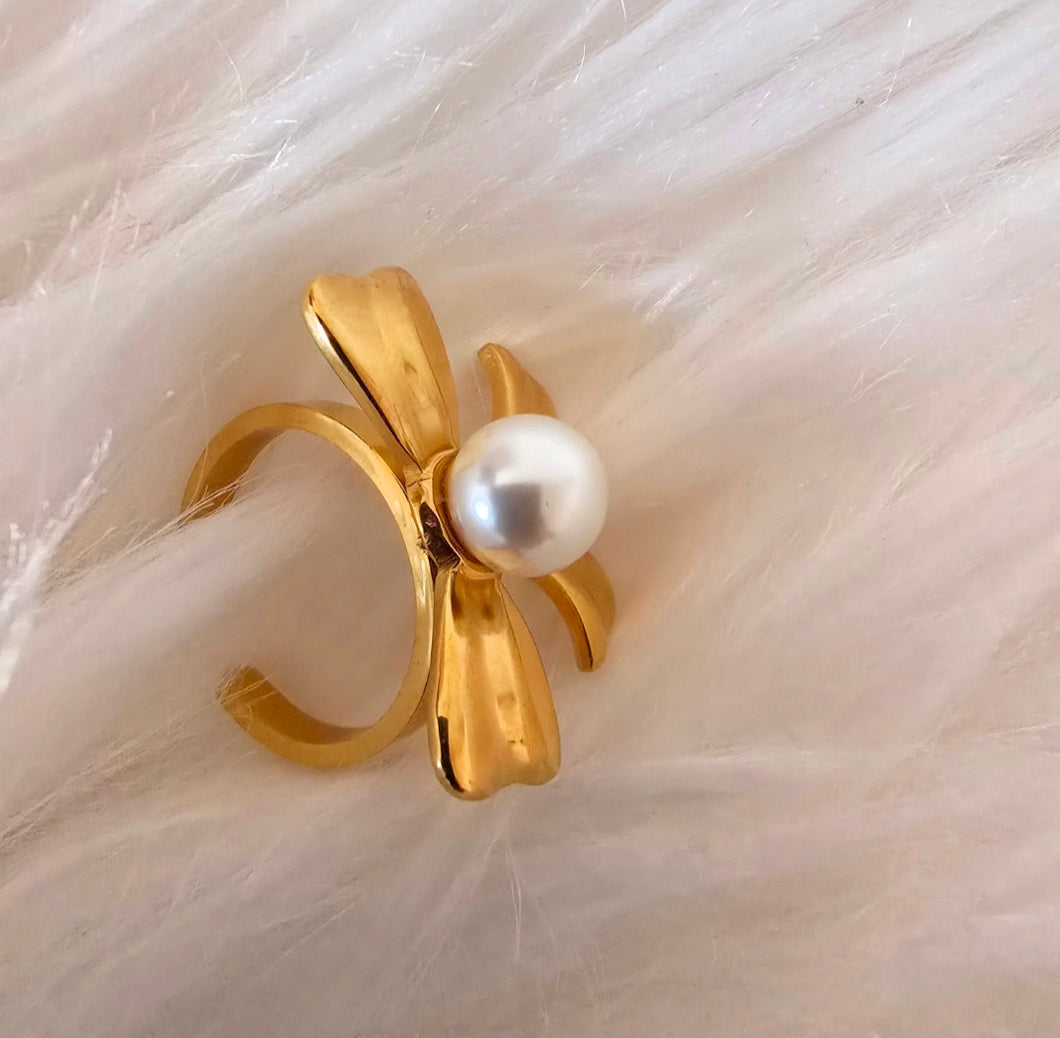 Bague en acier inoxydable avec perle élégante - Taille ajustable